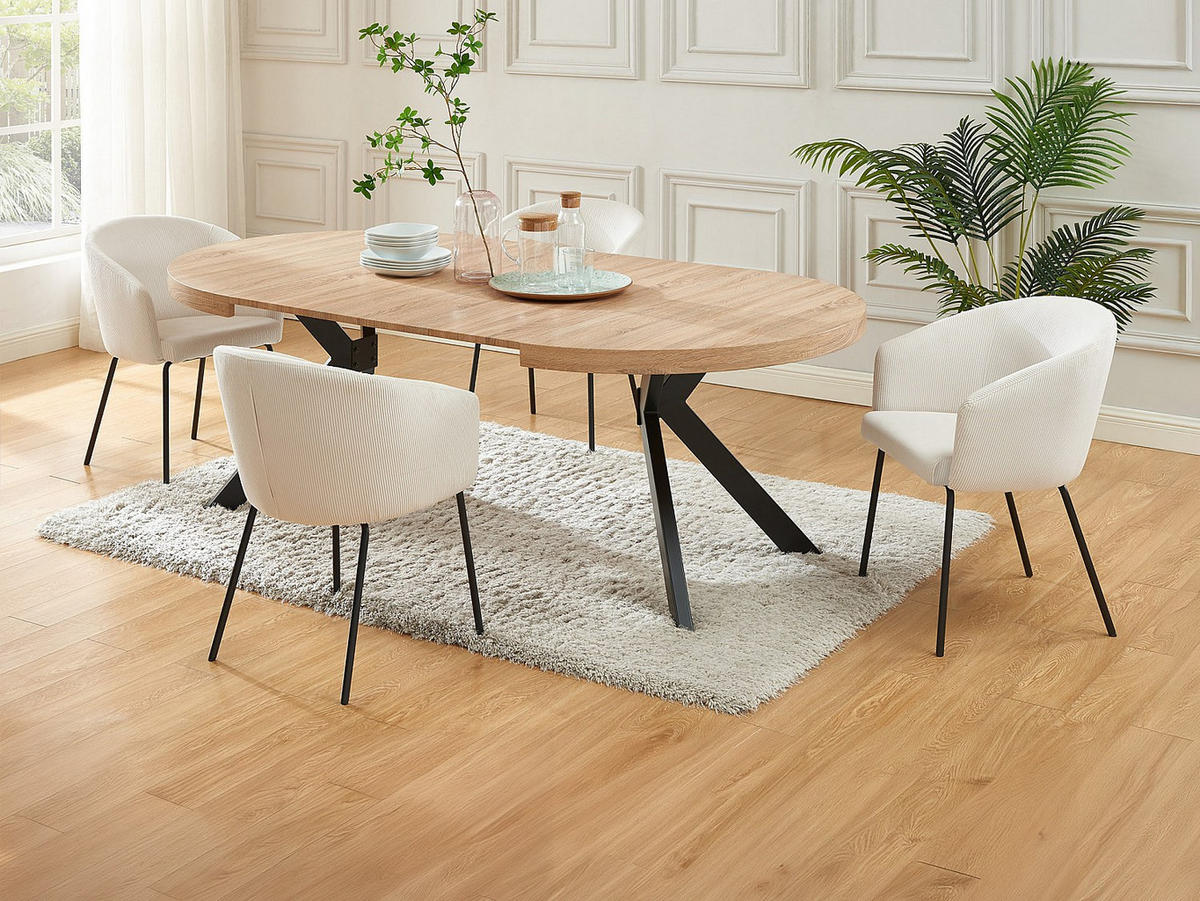 SET Tisch KOMONI + 4 Stühle MORONI - Holzfarben & Cremefarben - Schwarz, Holz (220/76/120cm) - Vente-Unique