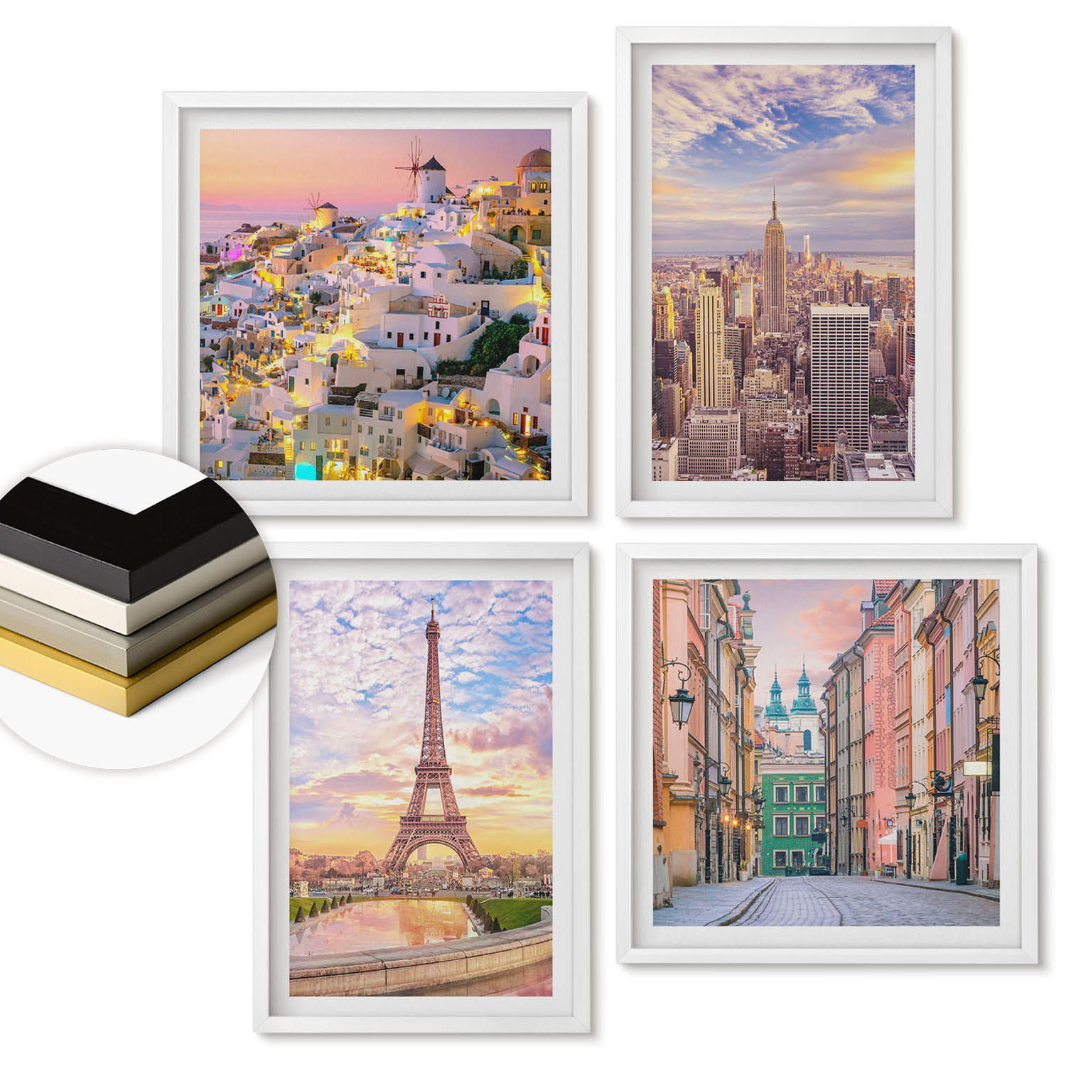 WANDBILDER 4er-Set - 50x50 cm & 40x60 cm Weißer Rahmen - New York Paris Oia Warschau Dämmerung - Weiß, Kunststoff (50/50cm) - ArtPrintCave