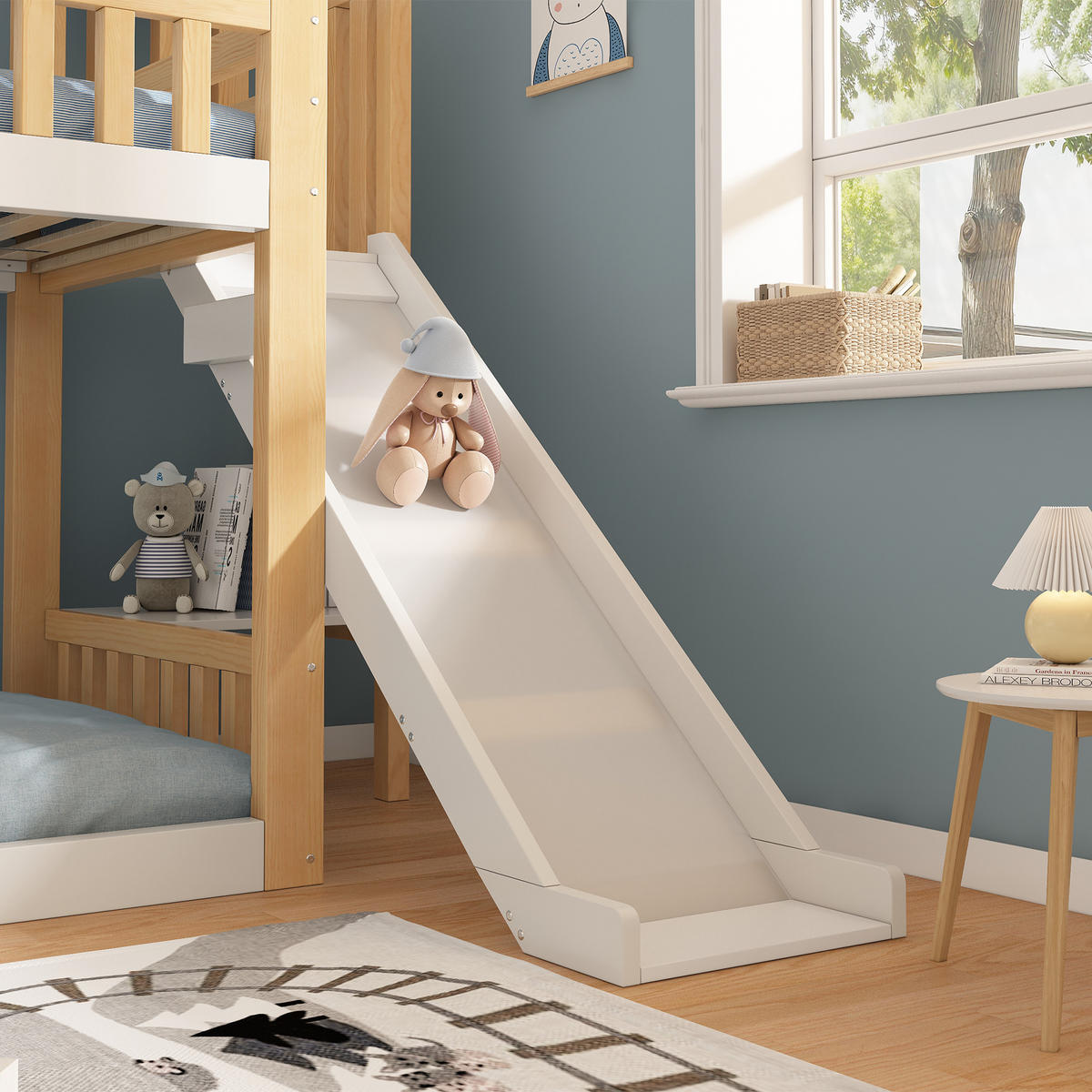 ETAGENBETT 90/200 cm & 90/200 cm in Weiß & Natur Kinderbett mit Regal und Rutsche im Hausbett-Design - Weiß/Naturfarben, Holzwerkstoff (90/200cm) - STILVORA