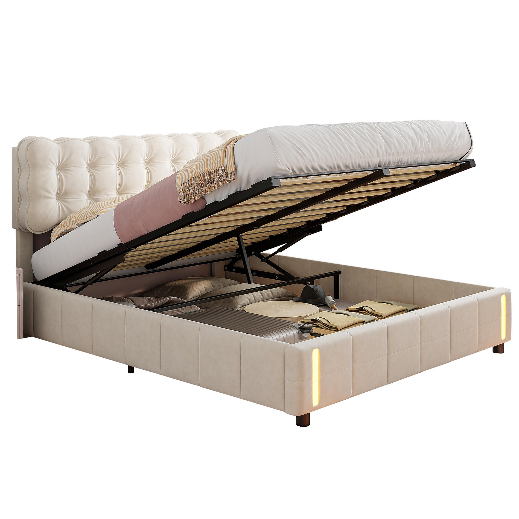 POLSTERBETT mit Bettkasten 140/200 cm, mit Induktions-LED, lattenrost aus holz, Beige - Beige, Holzwerkstoff (140/200cm) - Brevoria
