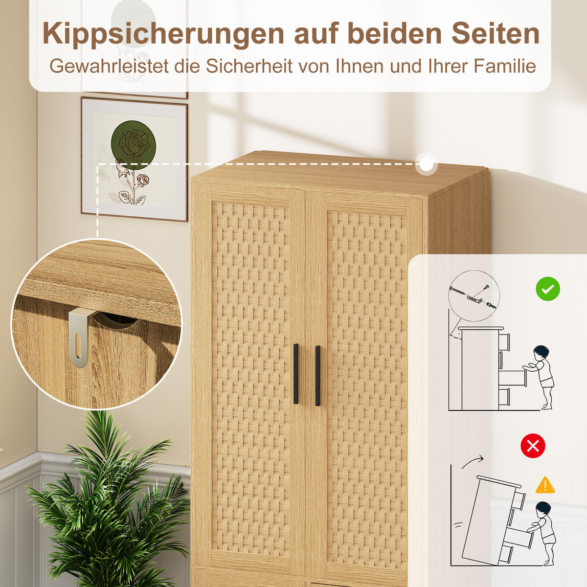 KLEIDERSCHRANK aus Rattan in Eichefarben, 2 Schubladen, integrierte Kleiderstange - Eichefarben, Holz (80/166/52cm) - EuroLiving