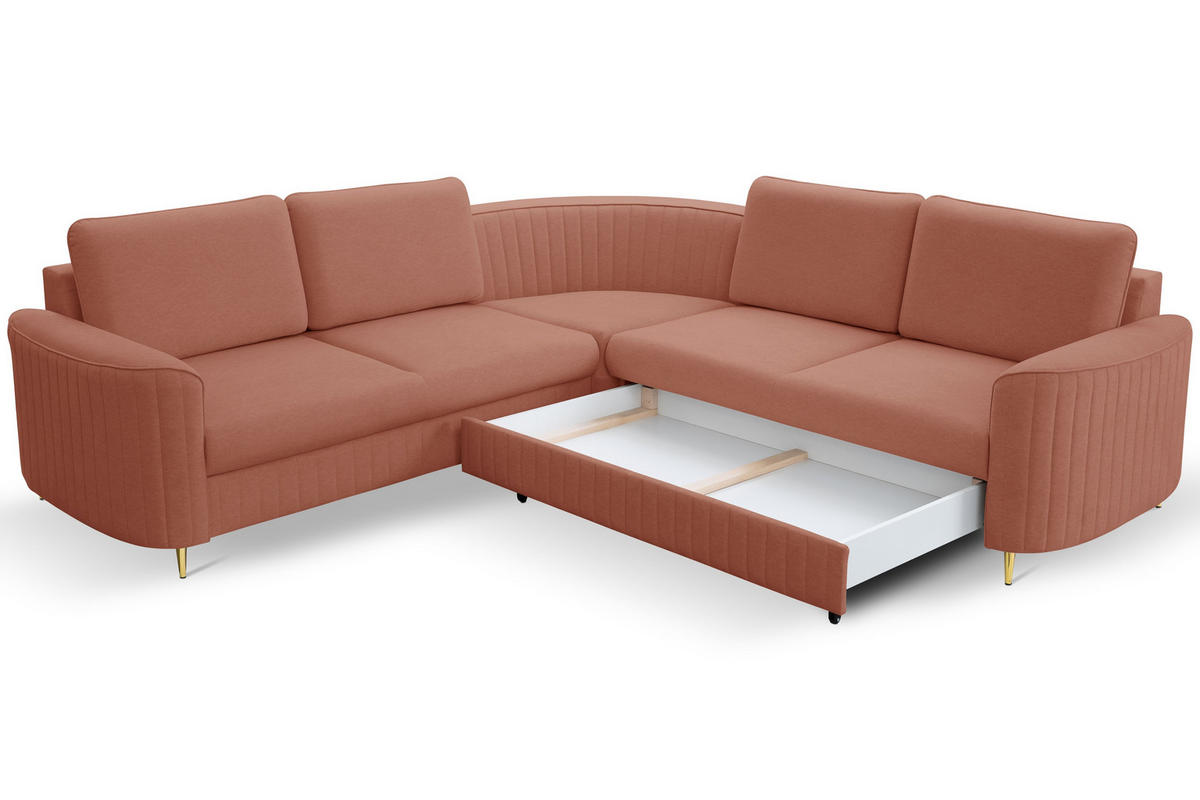 ECKSOFA VELA L-S Rosa Velours-Stoff mit Schlaffunktion - Rosa, Holz (251/251cm) - MASSENO
