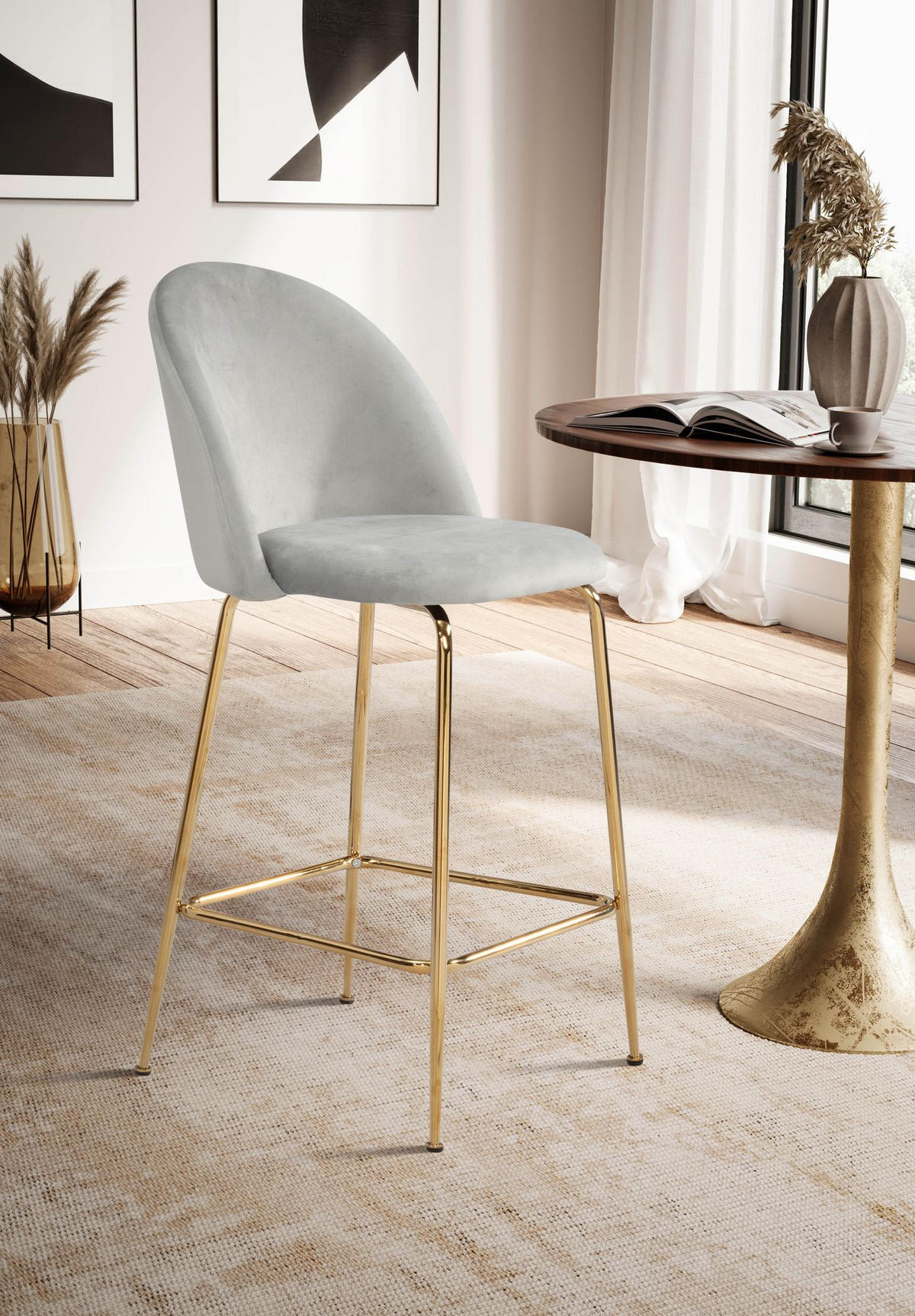 BARHOCKER 2er Set Samt Lehne Goldgestell Skandi-Stil Gepolstert, Grau 50x50x102 cm - Goldfarben/Grau, Textil/Metall (50/102/50cm) - KADIMA DESIGN