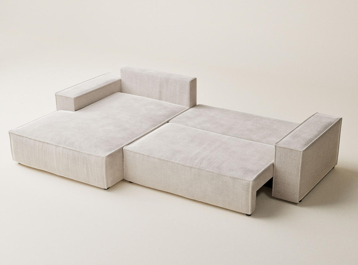 ECKSOFA Maze Creme Chenille-Stoff - Links Seite - Creme/Schwarz, Holz/Holzwerkstoff (185/294cm) - Maison de Reve