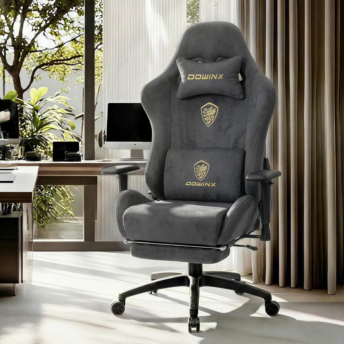 GAMING-STUHL Mikrofaser-Velours Verstellbarer Bürostuhl mit Fußstütze - Grau, Leder (70/128/70cm)