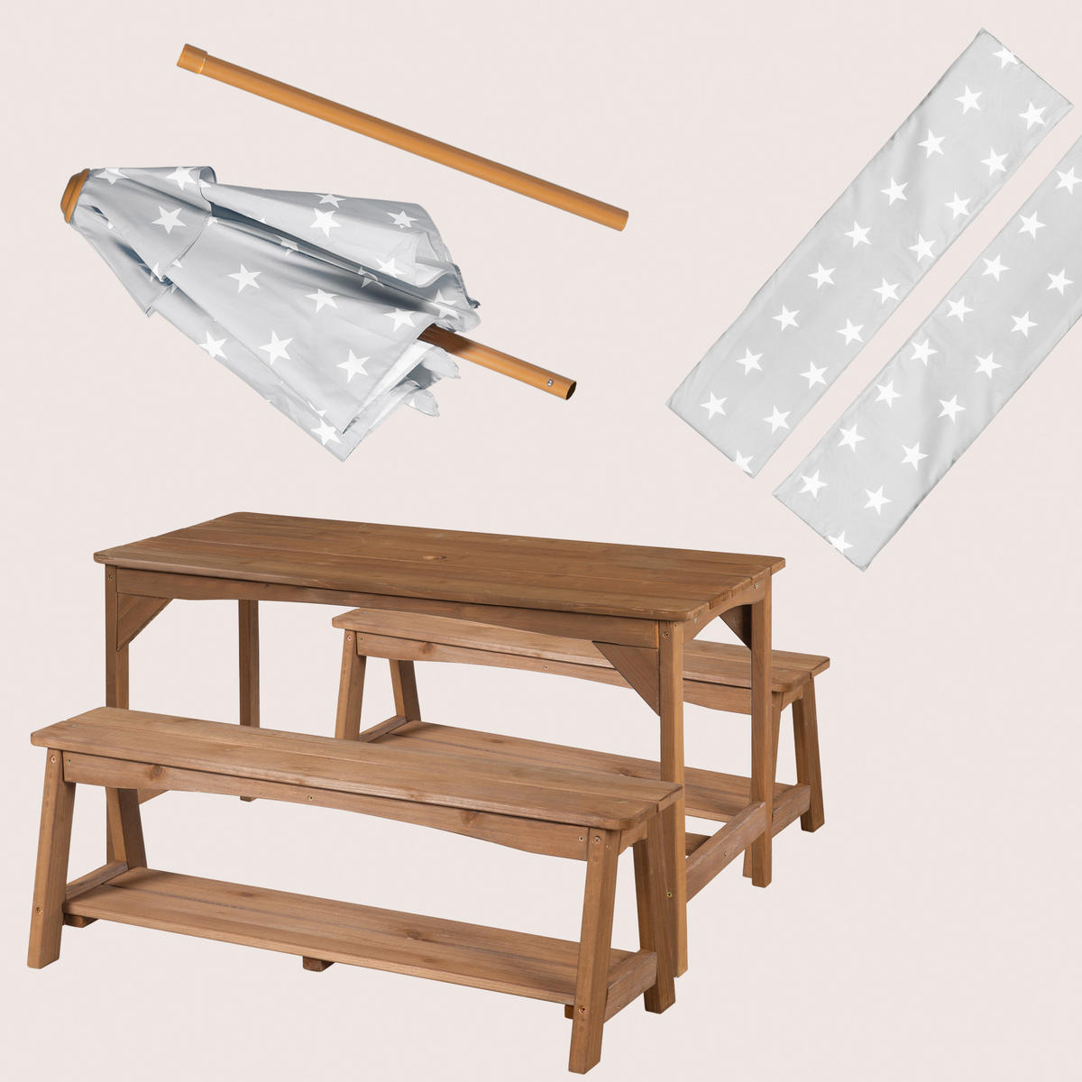 KINDERSITZGRUPPE mit Sitzauflage und Schirm teak - Teakfarben, Holz - Roba