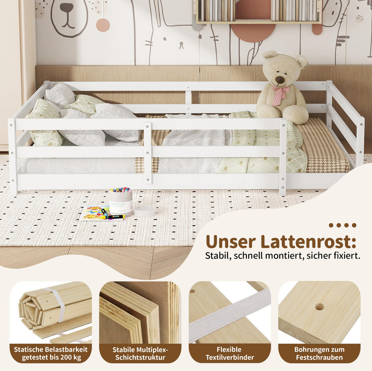 KINDERBETT Montessori 140/200 cm weiß mit Lattenrost - Weiß, Holz (140/200cm) - MIVRAY