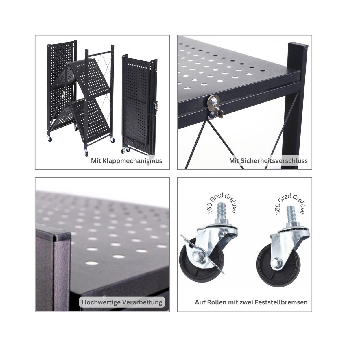 KLAPPREGAL auf Rollen 3 Fachböden Belastbarkeit 150kg 87x72x34 cm Schwarz - Schwarz, Metall (72/87/34cm) - PROREGAL