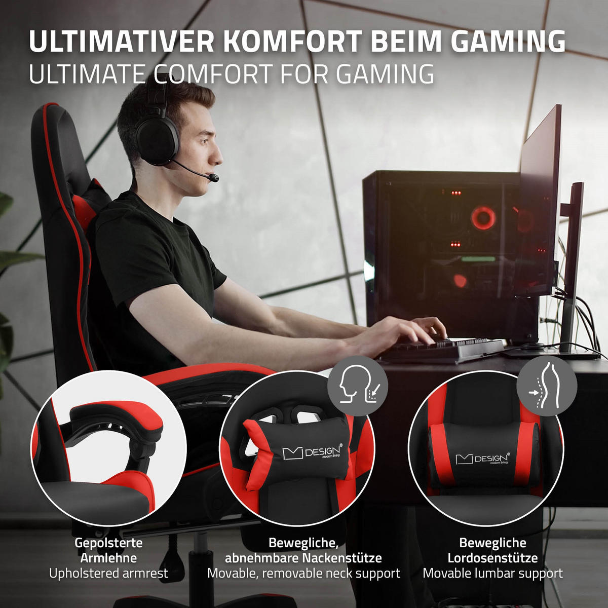 GAMING STUHL Schwarz-Rot aus Kunstleder - Rot/Schwarz, Kunststoff/Metall (62/119/62cm) - ML-DESIGN