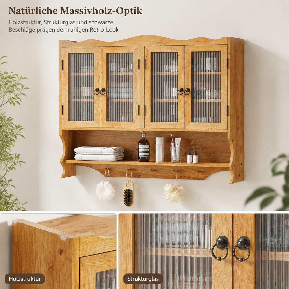 KÜCHENOBERSCHRANK 100/20/80 cm aus Massivholz und Glas mit 4 Türen und Hakenleiste Natur - Naturfarben, Holz (100/80/20cm) - Modenvie