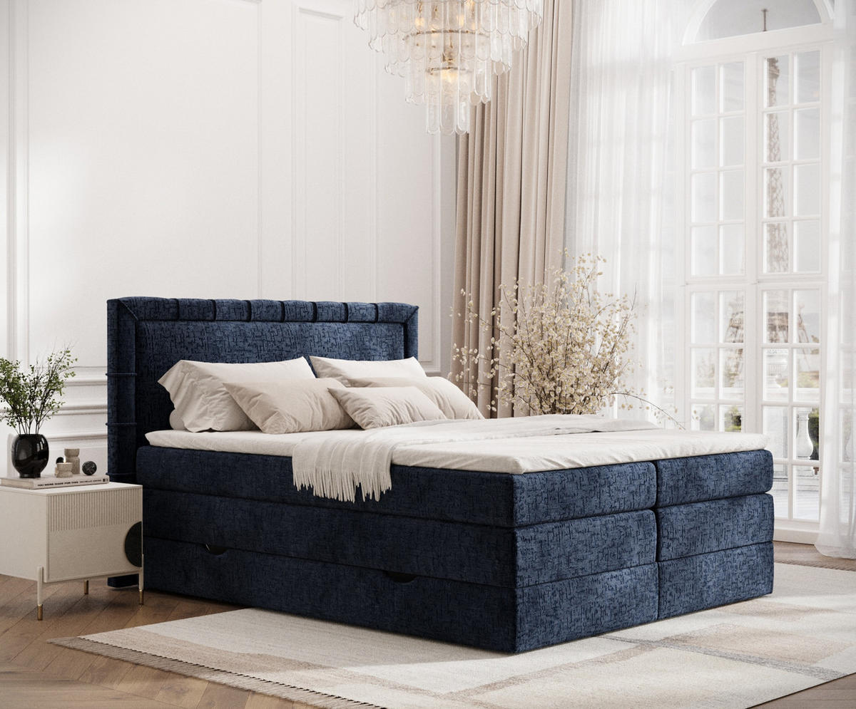 BOXSPRINGBETT Rosabel Marineblau 140/200 cm mit Matratze und Topper - Schwarz/Dunkelblau, Holz/Holzwerkstoff (140/200cm) - Maison de Reve