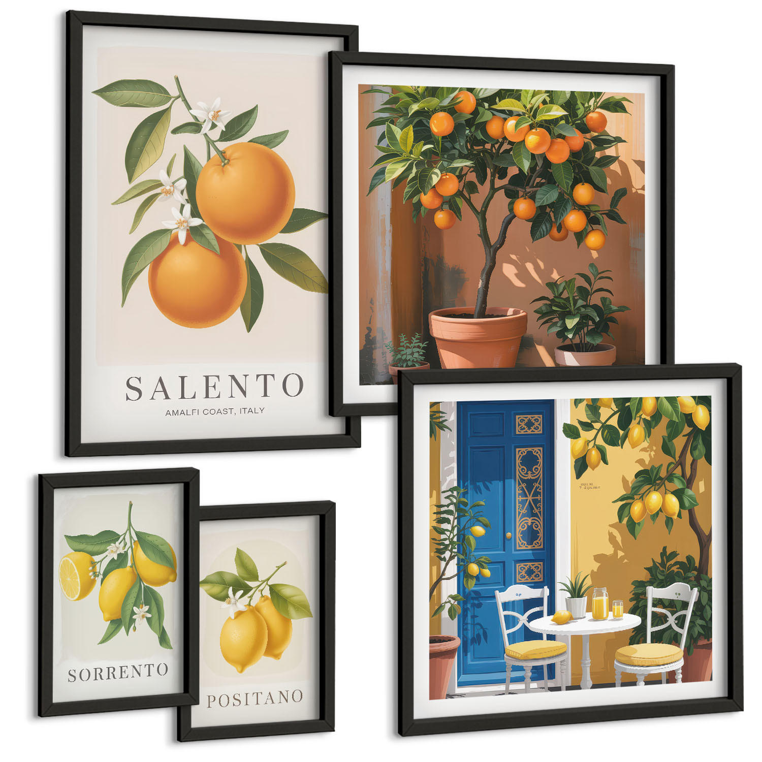BILDER SET 5er Set - 50x50 cm & 20x30 cm & 40x60 cm Schwarzer Rahmen - Zitronenorange Blütenmuster - Schwarz, Kunststoff (40/60cm) - TULUP