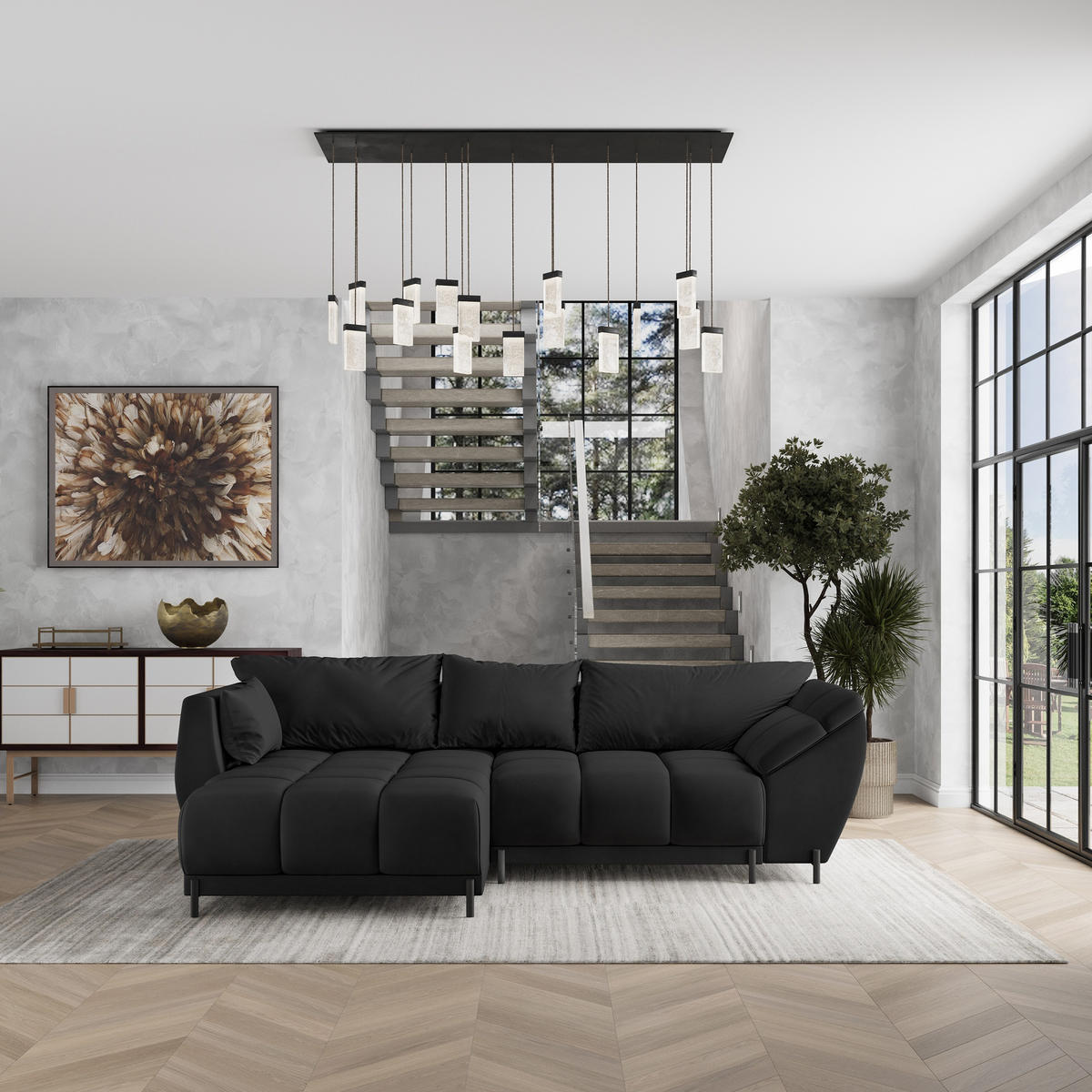 ECKSOFA VESTANO L-S Schwarz Velours-Stoff mit Schlaffunktion - Schwarz, Holz (287/182cm) - MASSENO