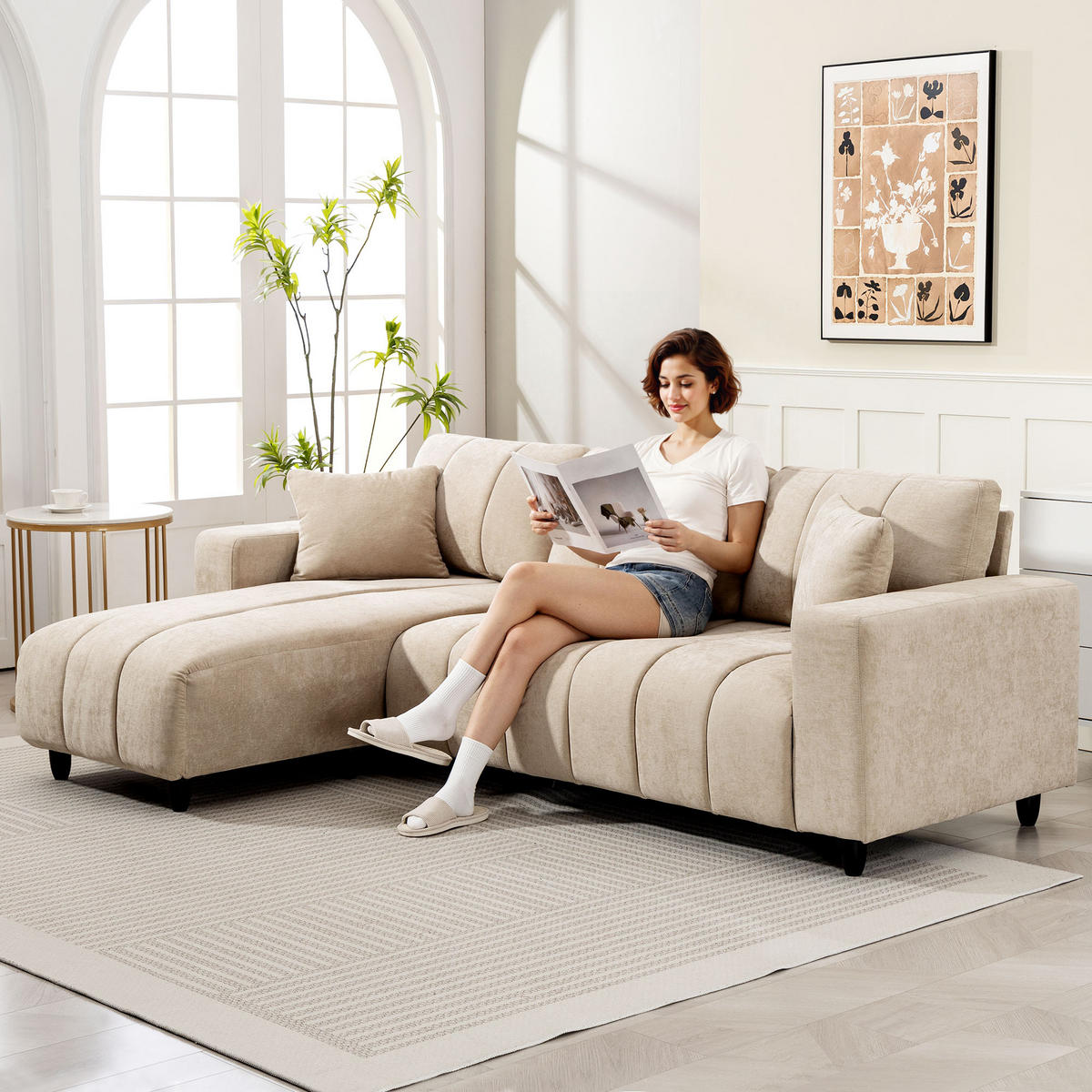ECKSOFA, 3 Sitzer Couch in L-Form mit umkehrbarer Chaiselongue, Kissen, Beige - Beige/Schwarz, Kunststoff/Textil (156/242cm) - HOMCOM