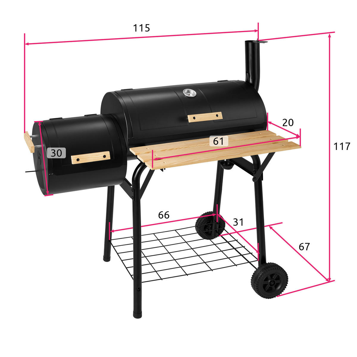 HOLZKOHLEGRILL ,115 x 67 x 115 cm,schwarz - Schwarz, Metall (67/117/115cm) - tectake