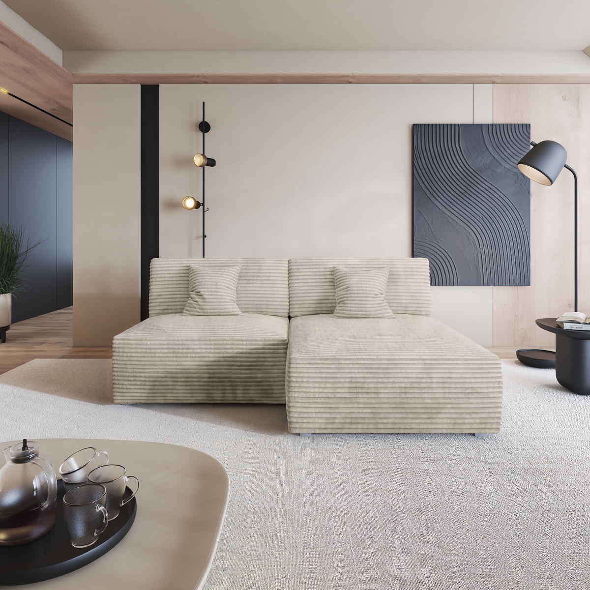 ECKSOFA FIORO Creme Kordstoff mit Schlaffunktion - Creme, Holz (204/148cm) - MASSENO