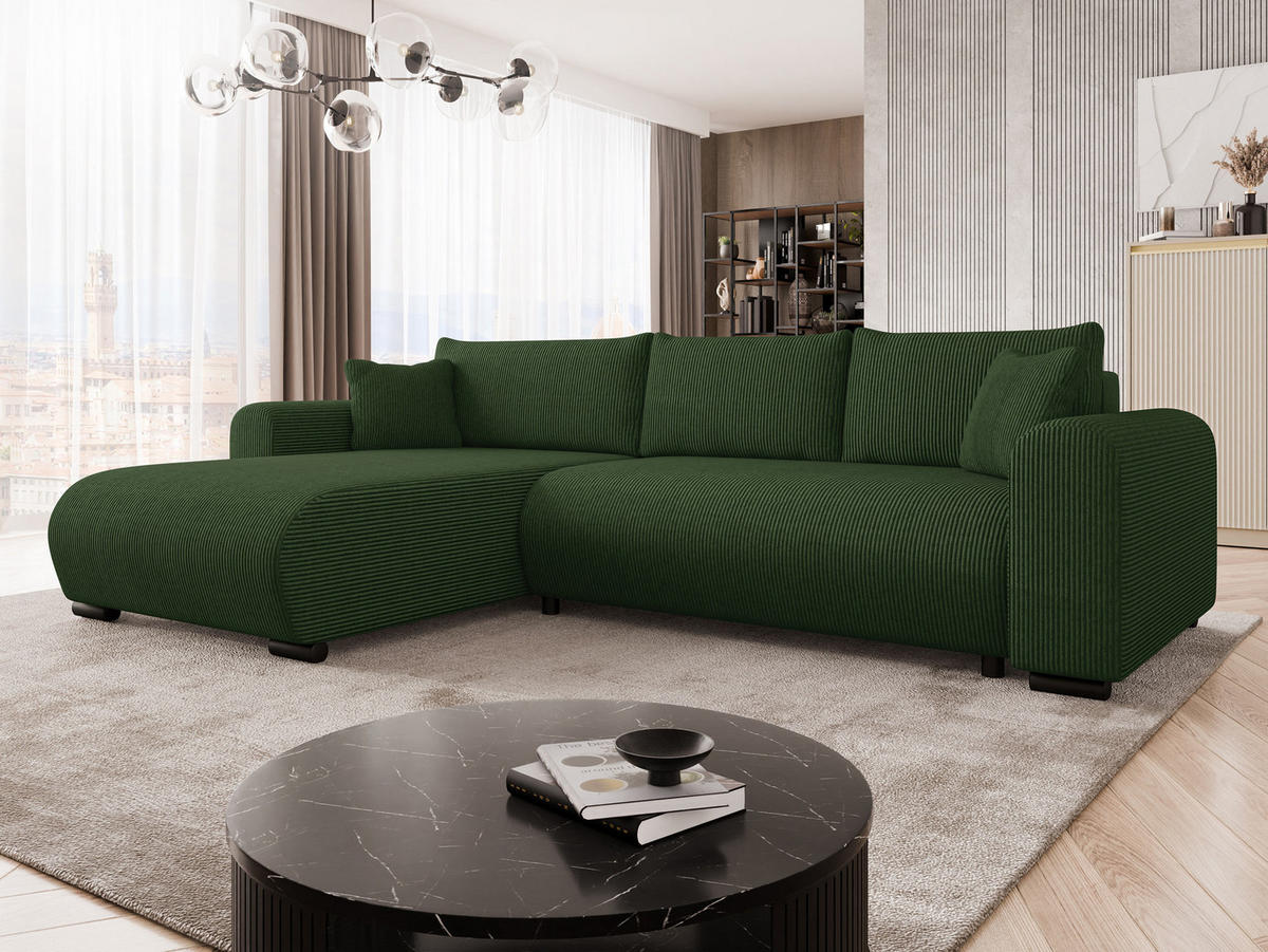 ECKSOFA Merkos Cord - Dunkelgrün/Schwarz, Holz/Textil (285/188cm) - MIRJAN24