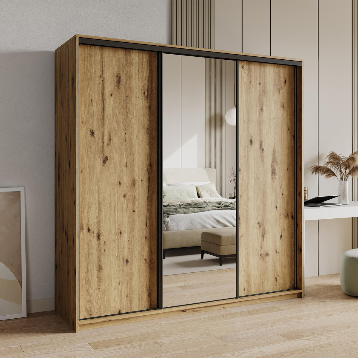 SCHWEBETÜRENSCHRANK TAVI 180/205/60 cm 3-türig mit Spiegel und Schubladen Eiche Artisan - Schwarz/Eiche Artisan, Holzwerkstoff (180/205/60cm) - MASSENO