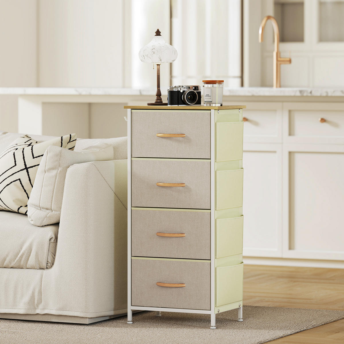 KOMMODE DE-12483 4 Schubladen mit Seitentaschen und Haken 45/30/94,5 cm Beige - Beige, Metall (45/94.5/30cm) - ComfortXL
