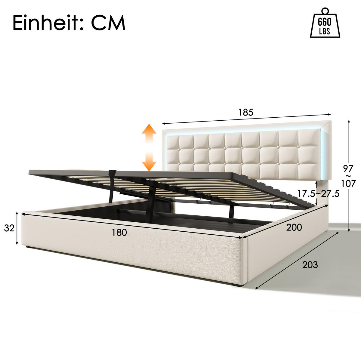 TAPECIRANI krevet 180/200 cm bijeli od PU kože s LED rasvjetom i spremištem - bijela, plastika (180/200cm) - OKWISH