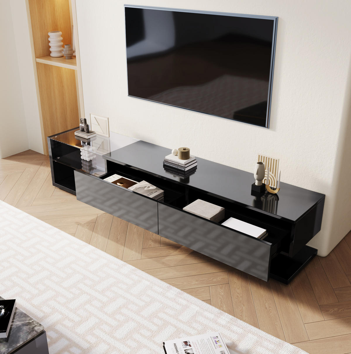 TV-ELEMENT mit LED und Glasregalen 170 cm Schwarz Hochglanz - Schwarz, Holzwerkstoff (36/38/170cm) - Beauniv