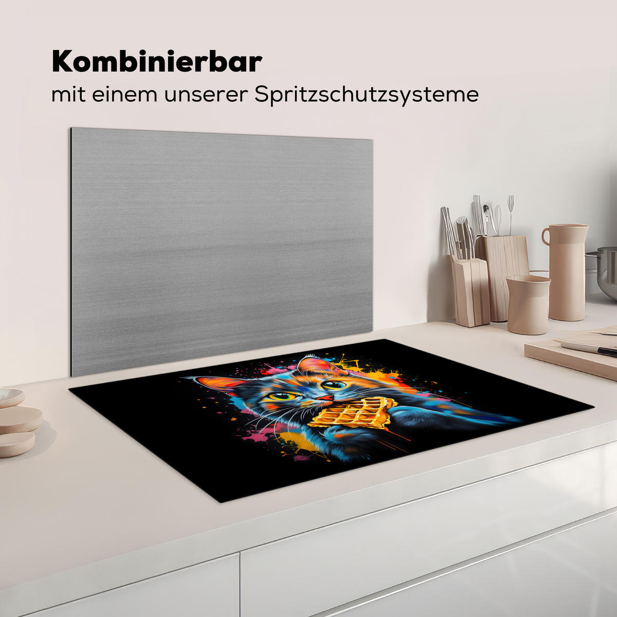 HERDABDECKPLATTE Katze - Graffiti - Bunt - Waffel - Essen Induktionsmatte 81x52 cm - Multicolor, Kunststoff (81/52/0.2cm) - MuchoWow