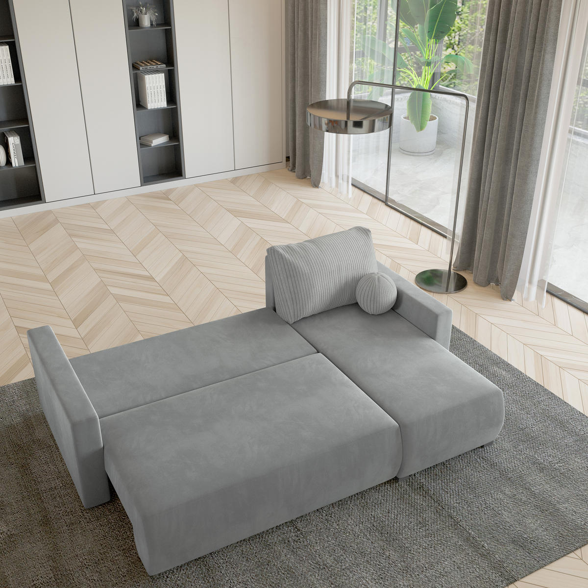 ECKSOFA SORGE Hellgrau Plüsch-Stoff mit Schlaffunktion - Hellgrau, Holz (220/143cm) - MASSENO