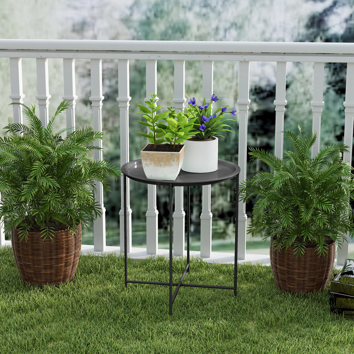 GARTENTISCH DE-07365 rund mit herausnehmbarem Tablett und klappbar Schwarz - Schwarz, Metall (46/46/53cm) - ComfortXL