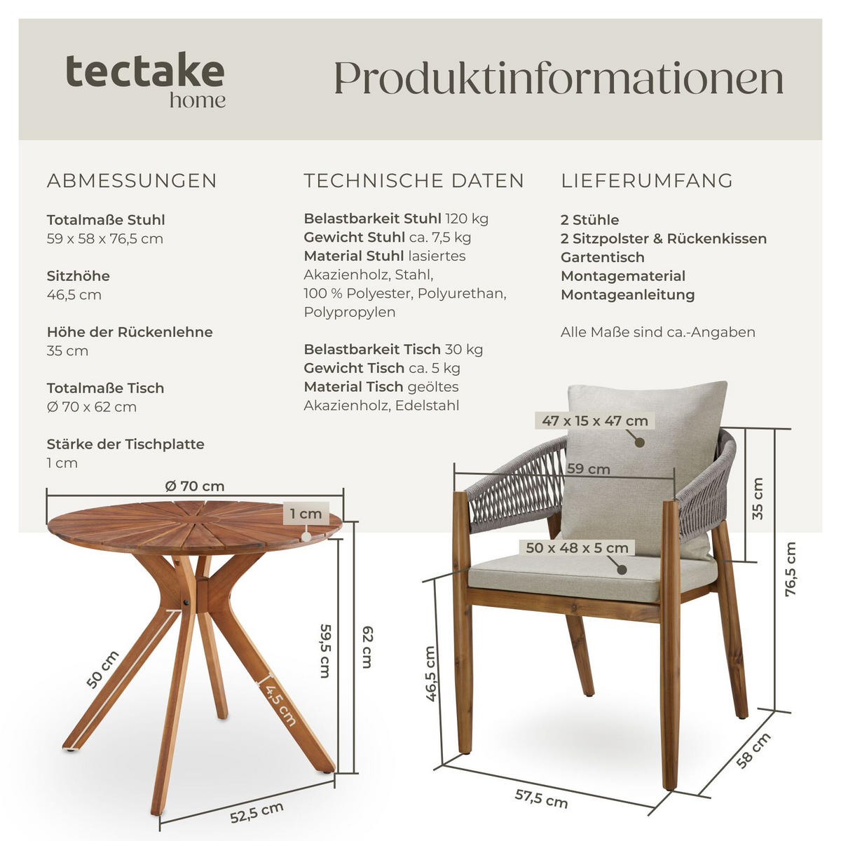 GARTENSET 3-teilig, höhenverstellbare Kunststofffüße, greige - Greige, Holz/Kunststoff - tectake