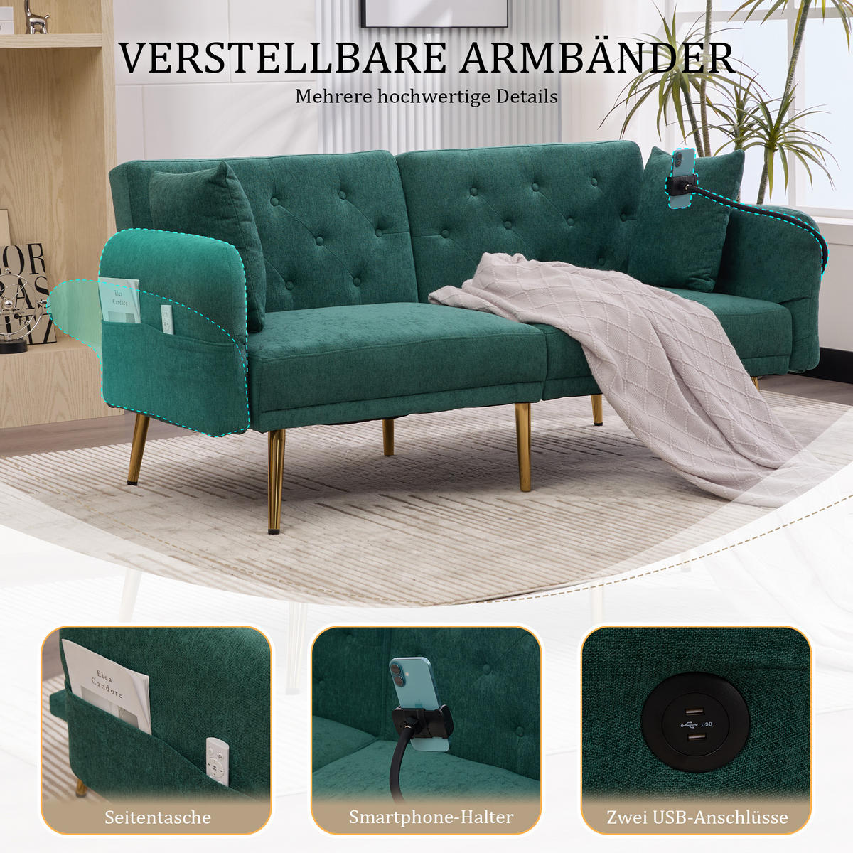 SCHLAFSOFA 2-Sitzer Chenille mit 3-fach verstellbarer Rückenlehne und USB-Anschluss Smaragdgrün 173/78/78 cm - Smaragdgrün, Textil (78/78/173cm)
