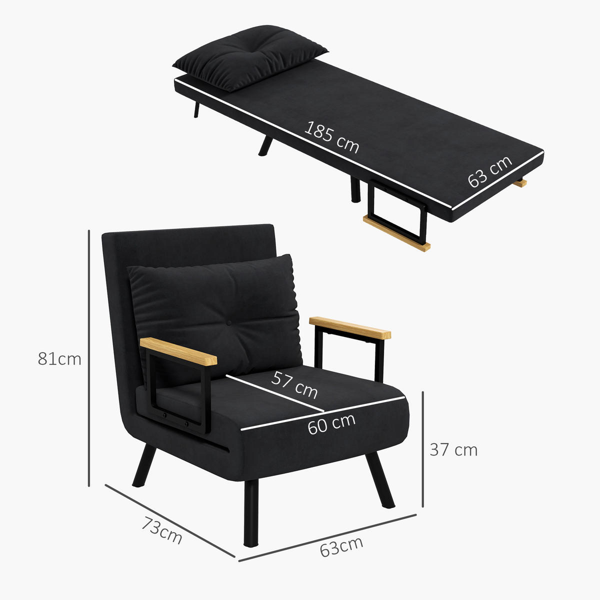SCHLAFSESSEL 4-in-1 DE-14594 mit 5-fach verstellbarer Rückenlehne Schwarz - Schwarz, Textil (73/81/63cm) - ComfortXL