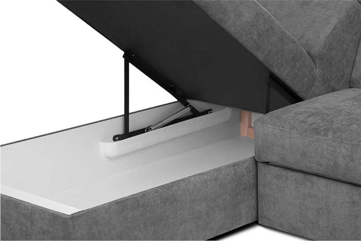 ECKSOFA RATLO links mit Schlaffunktion und Bettkasten, dunkelgrau - Platinfarben/Silberfarben, Textil (270/190cm) - KONSIMO®