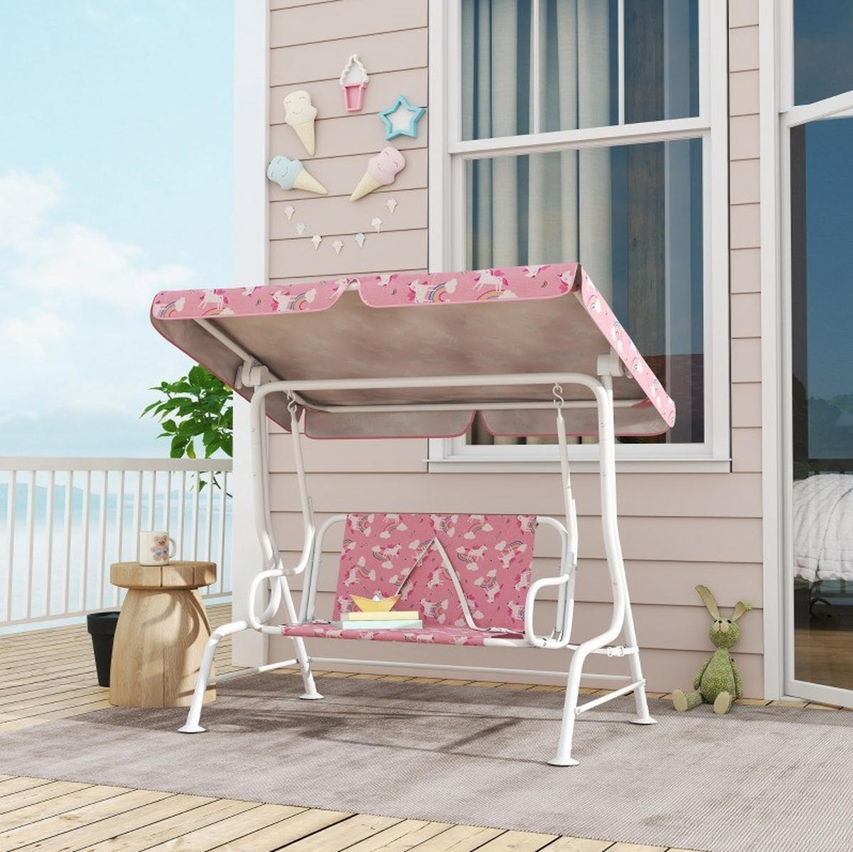 HOLLYWOODSCHAUKEL 112/75/120 cm mit verstellbarem Sonnendach und Sicherheitsgurt, Einhorn-Regenbogen-Design, Rosa - Rosa, Metall (75/120/112cm) - Redom