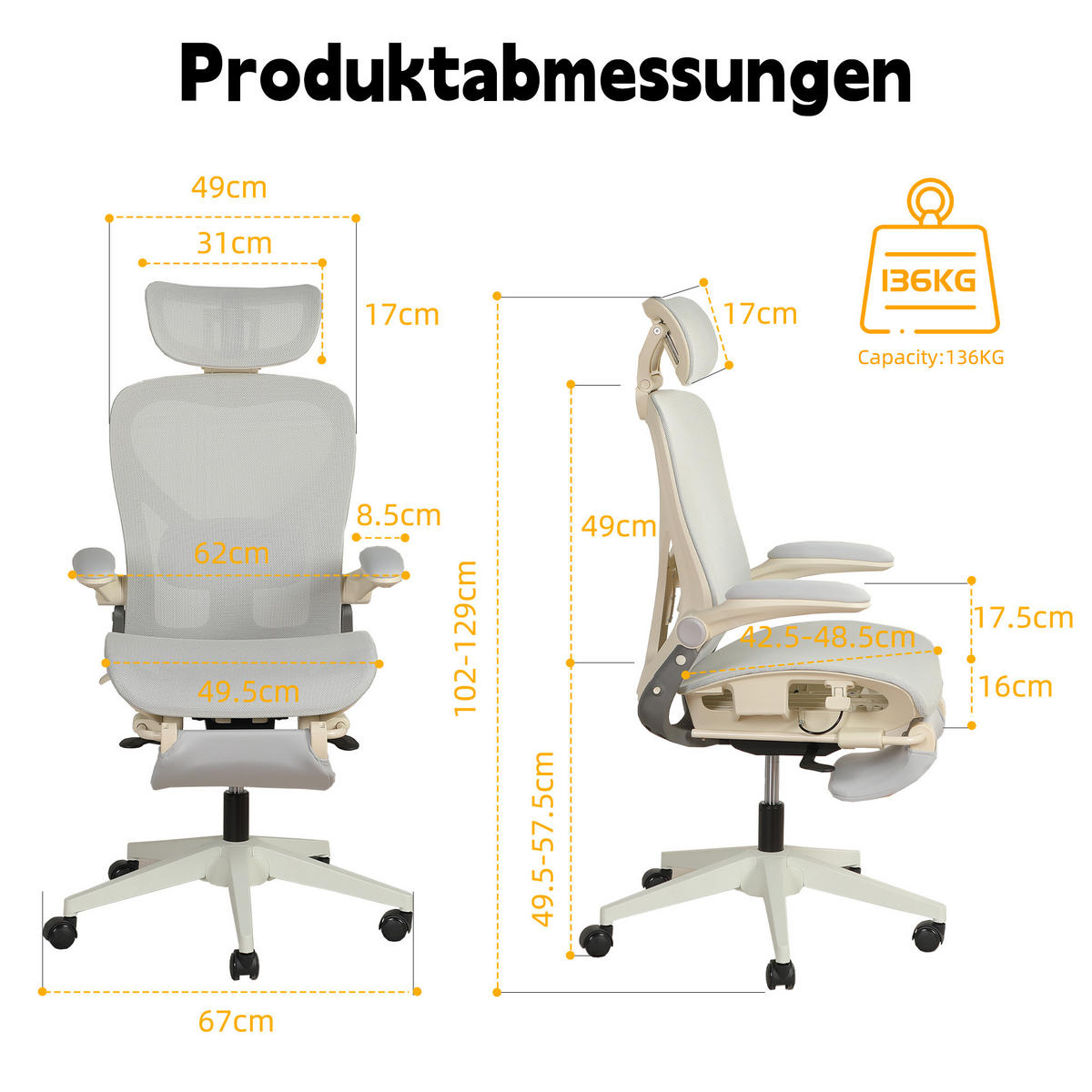 DREHSTUHL DE-40937 mit klappbarer Rückenlehne und 3D-Kopfstütze Grau - Grau, Metall (62/129/48.5cm) - ComfortXL