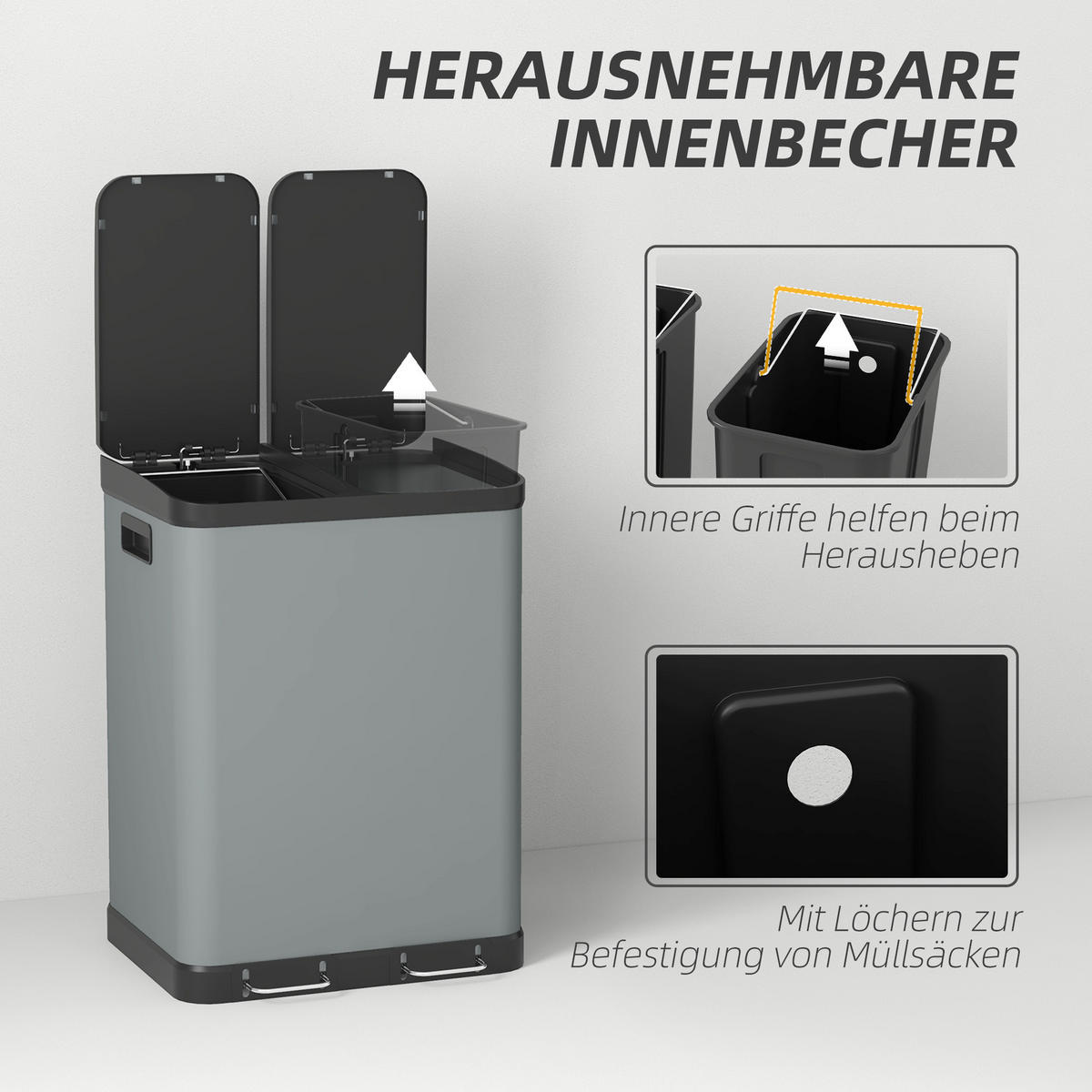 MÜLLEIMER 2 x 30L - Grau, Metall (39.5/67/48.8cm) - HOMCOM