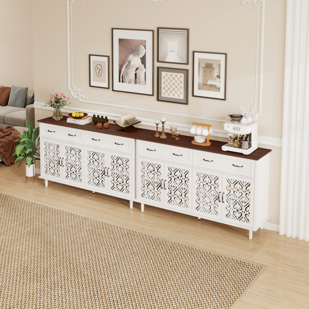 SIDEBOARD aus Spanplatte und Massivholz 150x40x93 cm Weiß mit 4 Türen, 2 Schubladen, verstellbaren Einlegeböden und Vintage-Front - Weiß, Holzwerkstoff (150/90.3/40cm) - Modfu
