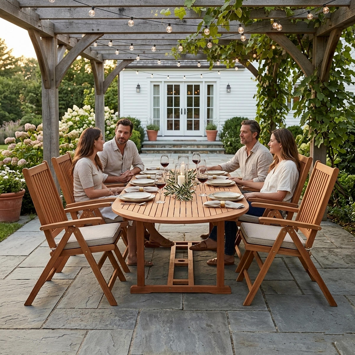 GARTEN-GARNITUR Lago Newtonnabbey - 7-teilige Garten-Essgruppe (6x Klappsessel Eukalyptus geölt, 1x Ausziehtisch 180/260x100cm, Eukalyptus - Braun, Holz - TPFGarden