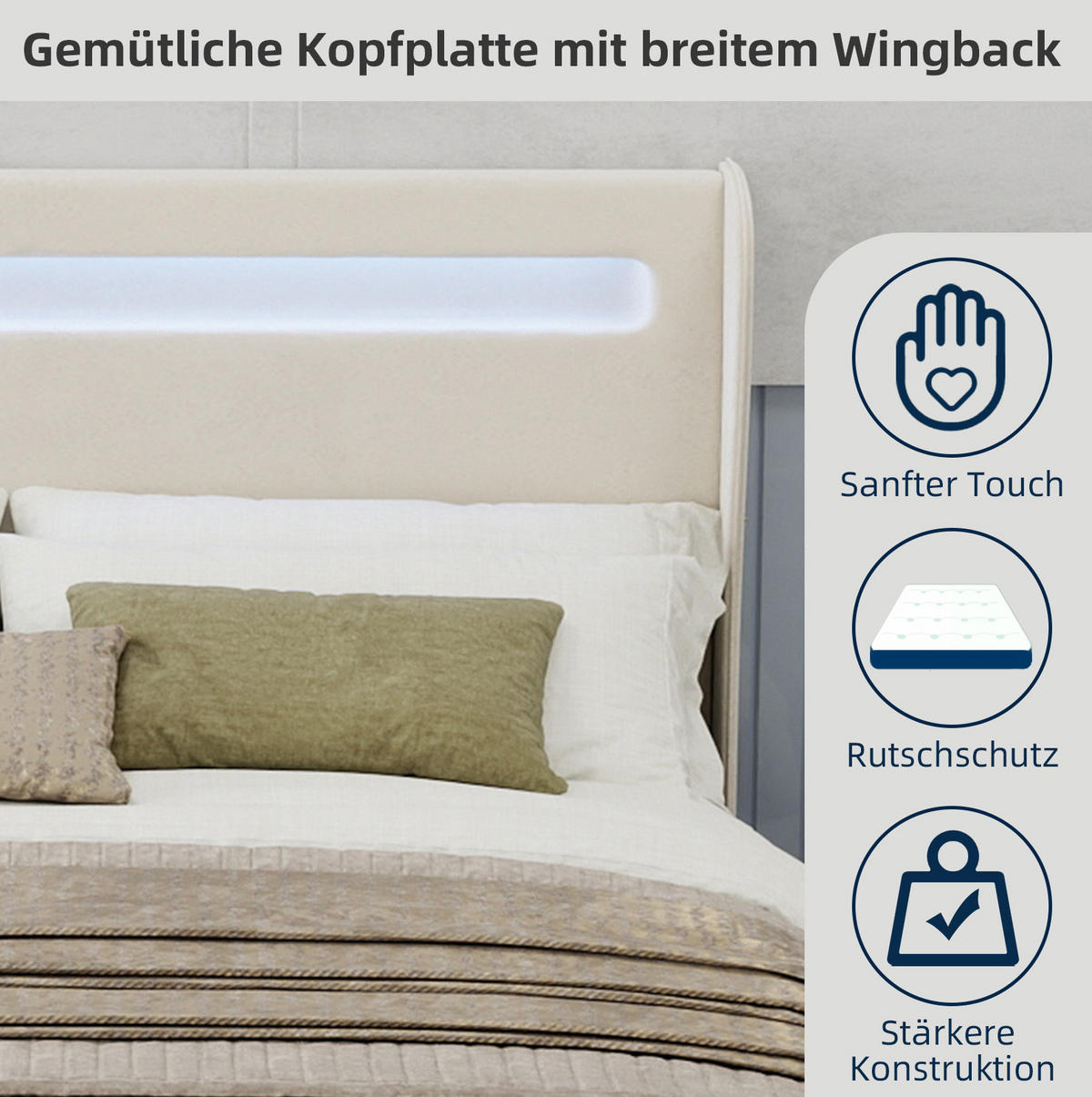 ČALÚNENÁ posteľ 160/200 cm s nastaviteľným LED osvetlením a polohovateľným čelom, odolná konštrukcia, Béžová - béžová, textil (160/200cm) - Redom