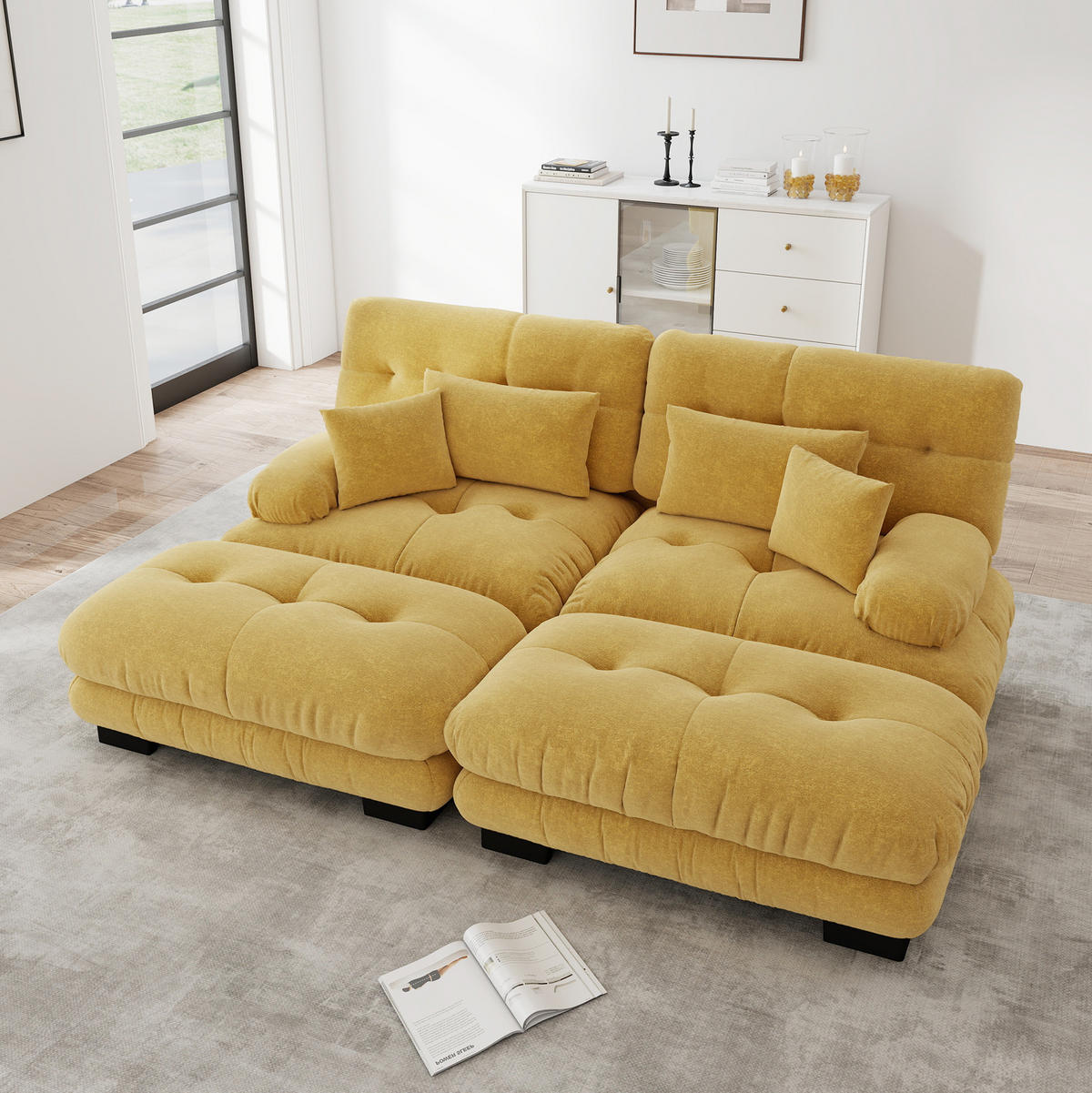 SOFA modular Chenille Yellow mit Ottomanen - Gelb, Kunststoff (145/81/220.1cm) - Meubliv