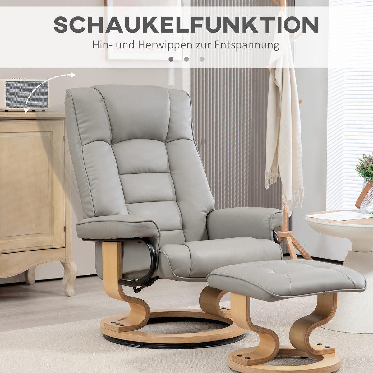RELAXSESSEL mit Hocker, Drehbar Fernsehsessel mit Liegefunktion Kunstleder, Grau - Grau, Leder (85/104/76cm) - HOMCOM