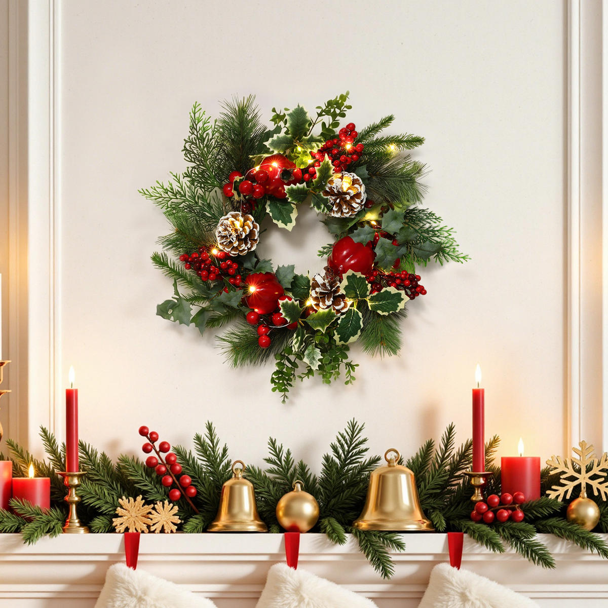 40CM Künstlicher Weihnachtskranz mit LED Beleuchtung & Timer - Grün, Kunststoff (44cm) - Hometopia
