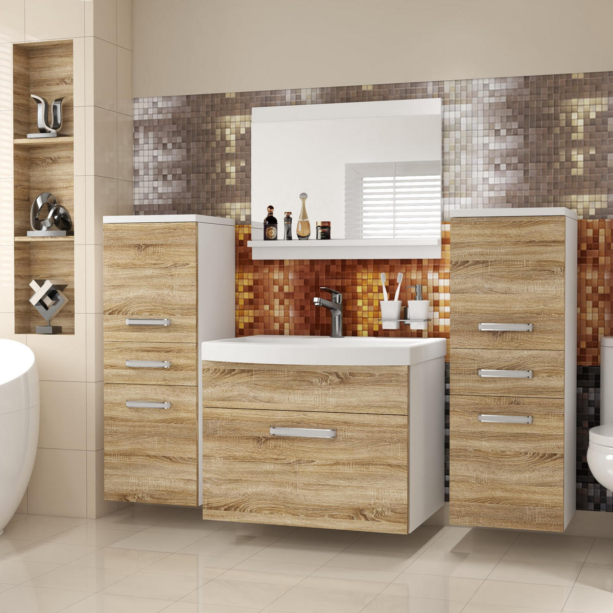 BADMÖBEL Badezimmer SET PRI M4, Sonoma Eiche Matt, 120 cm - Sonoma Eiche, Holz (38.7/113.5/120cm) - B BELINI GROUP