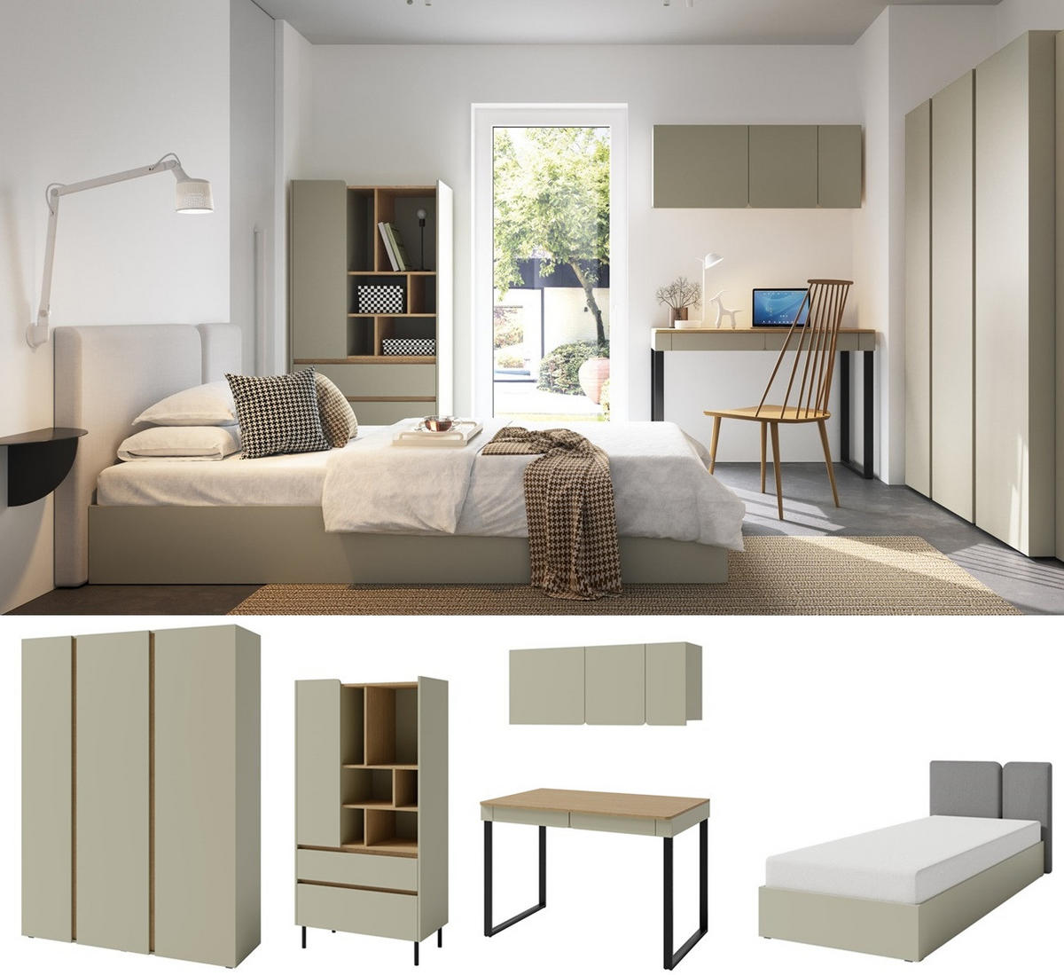 JUGENDZIMMER Laris Set B mit Bett 90 x 200 - Eukalyptus / Eiche Baltic Dune - Eukalyptusholzfarben/Eichefarben, Holzwerkstoff/Metall (145/195/50cm)