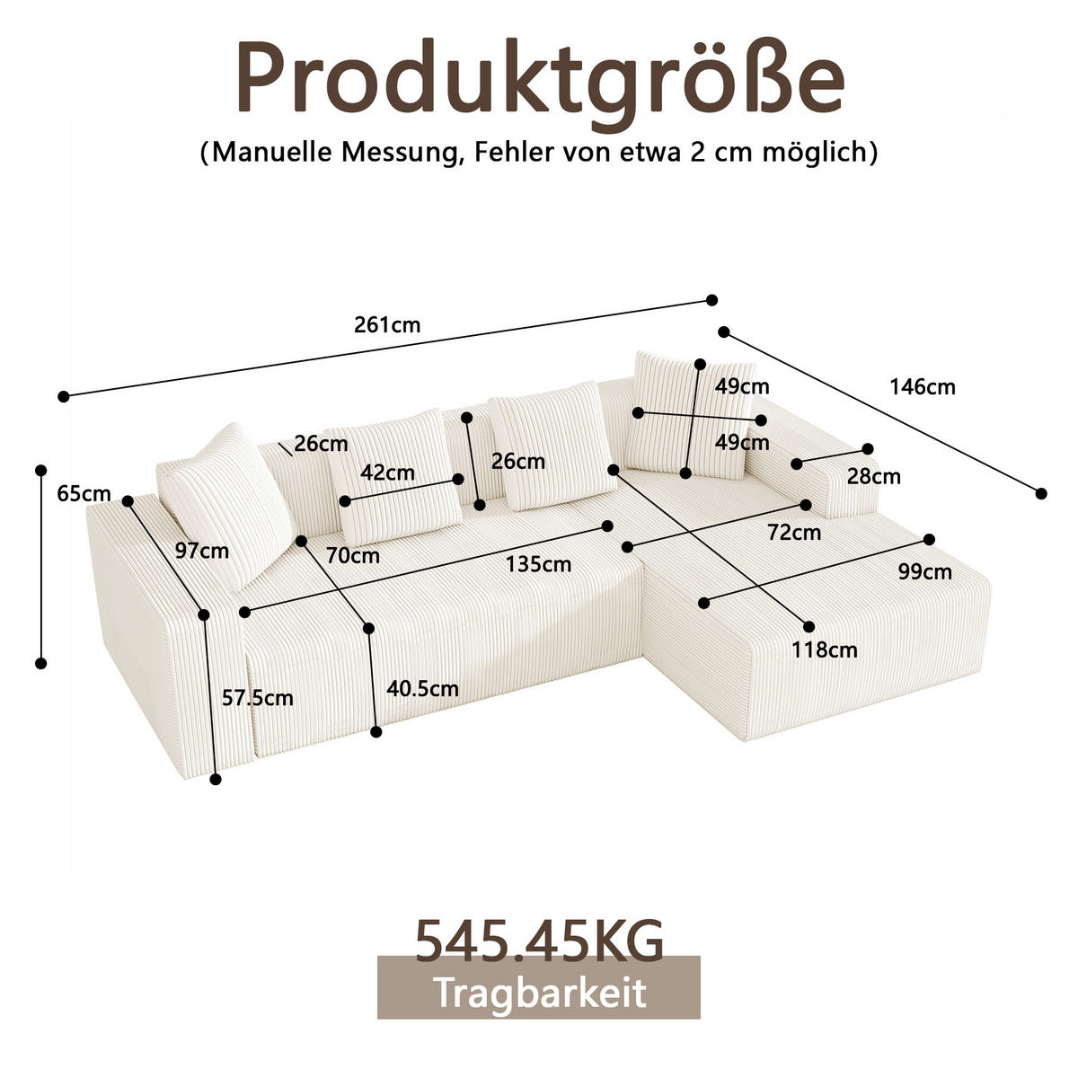 MODULARES Ecksofa Cord tiefe Sitzfläche, Chaiselongue 261/146/65 cm Weiß - Weiß, Textil (146/261cm) - Redom