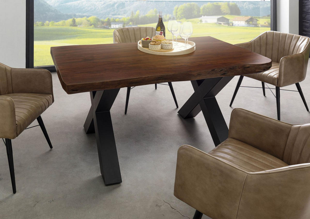 BAUMTISCH Akazie 140x90x77 braun lackiert / X-Beine anthrazit matt FREEFORM 5 - Anthrazit/Braun, Holz (140/90/77cm) - Massivmoebel24