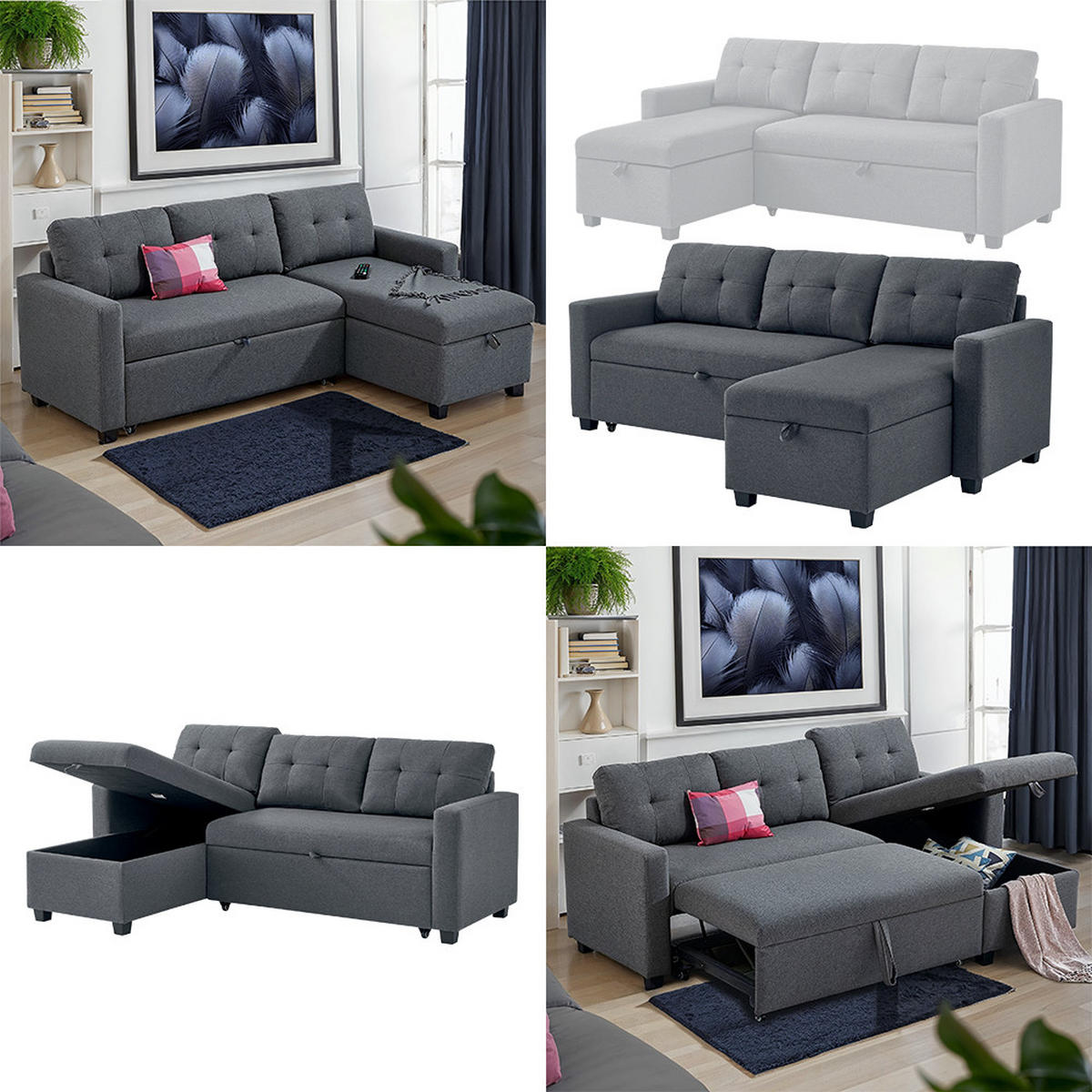 SOFA L FORM Campina Grau 226 x 163 cm mit Schlaffunktion - Grau, Holz (226/163cm) - VitaliSpa