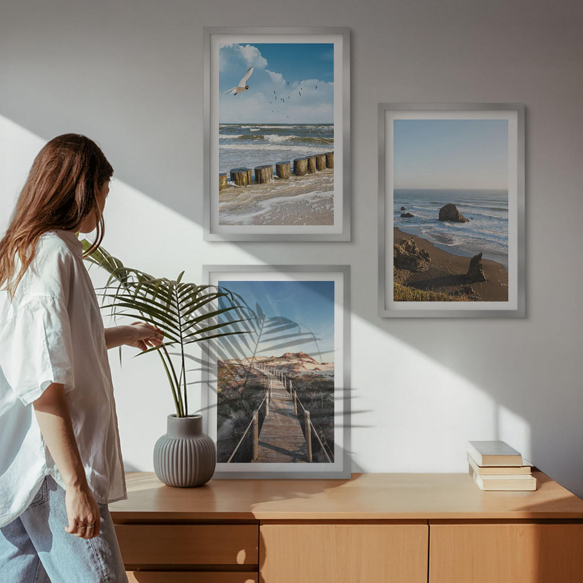 WANDBILDER 3er Set - 40x60 cm Silberner Rahmen - Strandwellen, Himmelsbrücke, Spaziergang - Silberfarben, Kunststoff (40/60cm) - ArtPrintCave