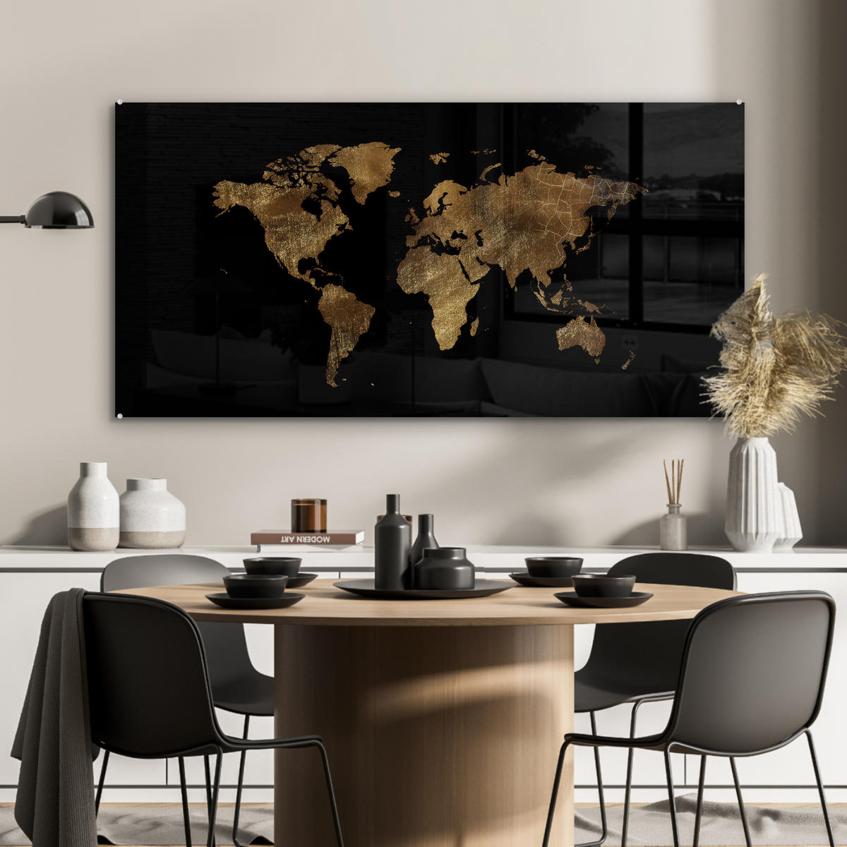 ACRYLGLASBILD Weltkarte - Gold - Luxus - Erde - Schwarz 120x60 cm - Goldfarben, Glas (120/60cm) - MuchoWow