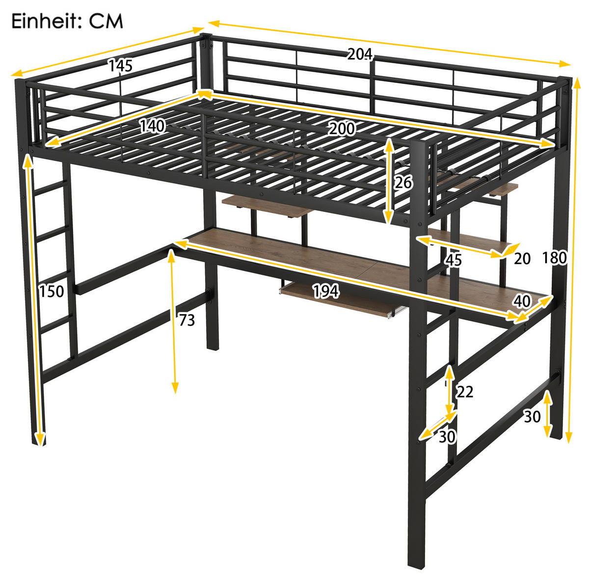 HOCHBETT 140/200 cm Schwarz aus Metall mit Schreibtisch und 2 Regalen - Schwarz, Metall (140/200cm) - OKMYHOME