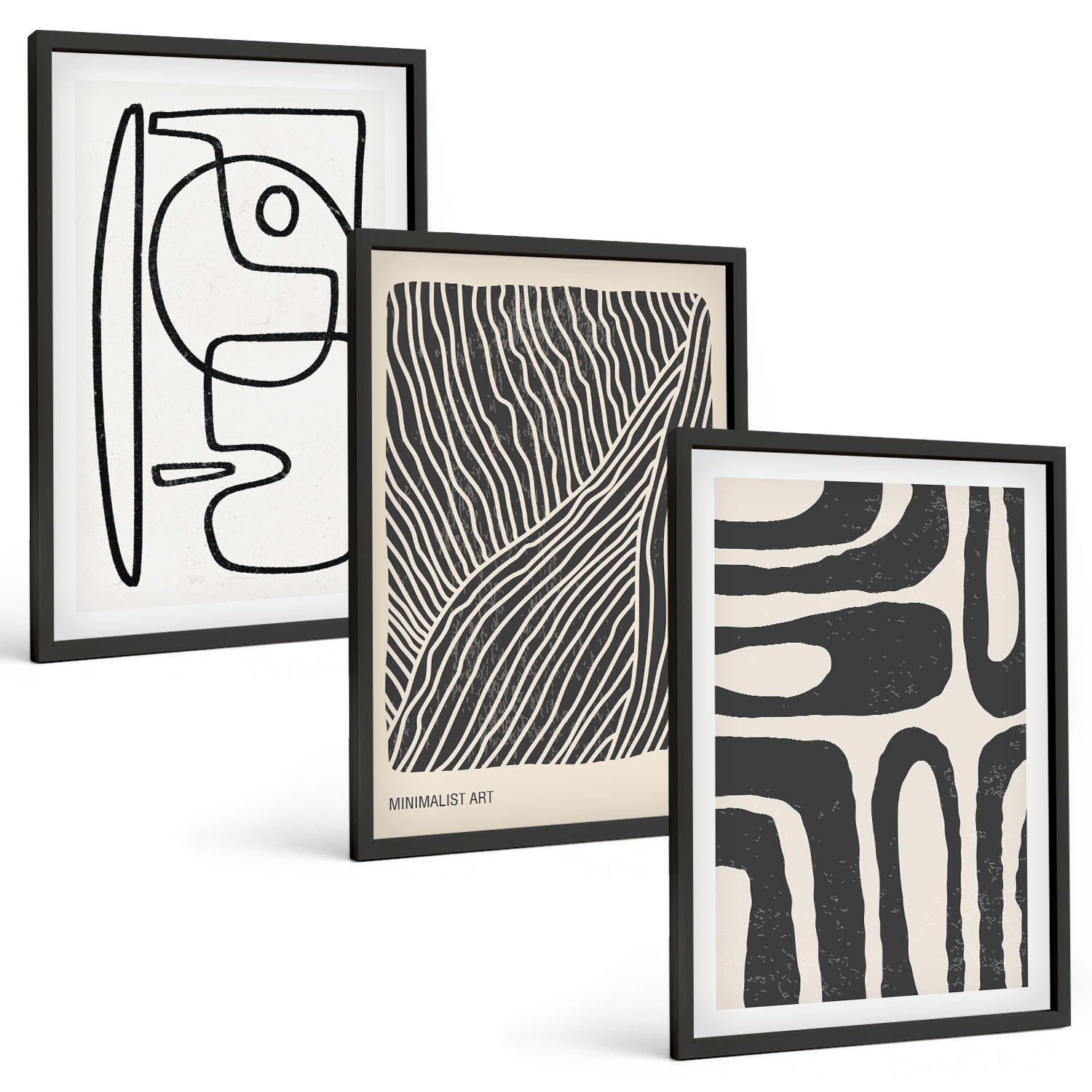 BILDER SET 3er Set - 40x60 cm Schwarzer Rahmen - Abstrakte Muster, Linien, Texturen - Schwarz, Kunststoff (40/60cm) - TULUP